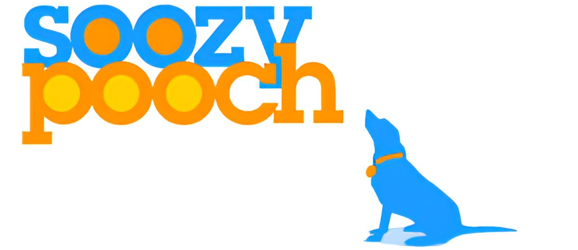 Soozy Pooch logo: the words soozy pooch in blue and orange beside a blue sitting dog with an orange collar