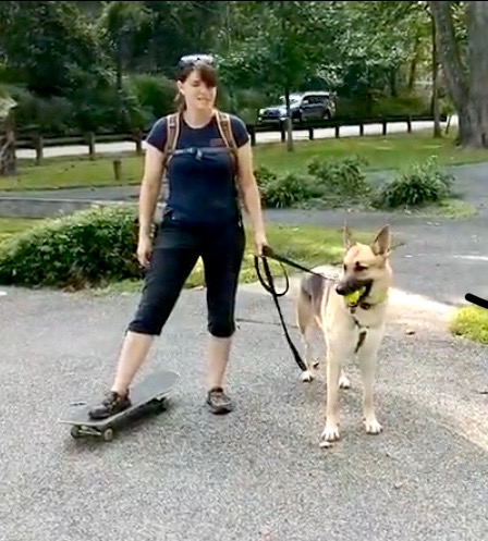 Susan skateboarding down a quiet neighborhood street while walking her German shepherd, G, who is carrying a ball