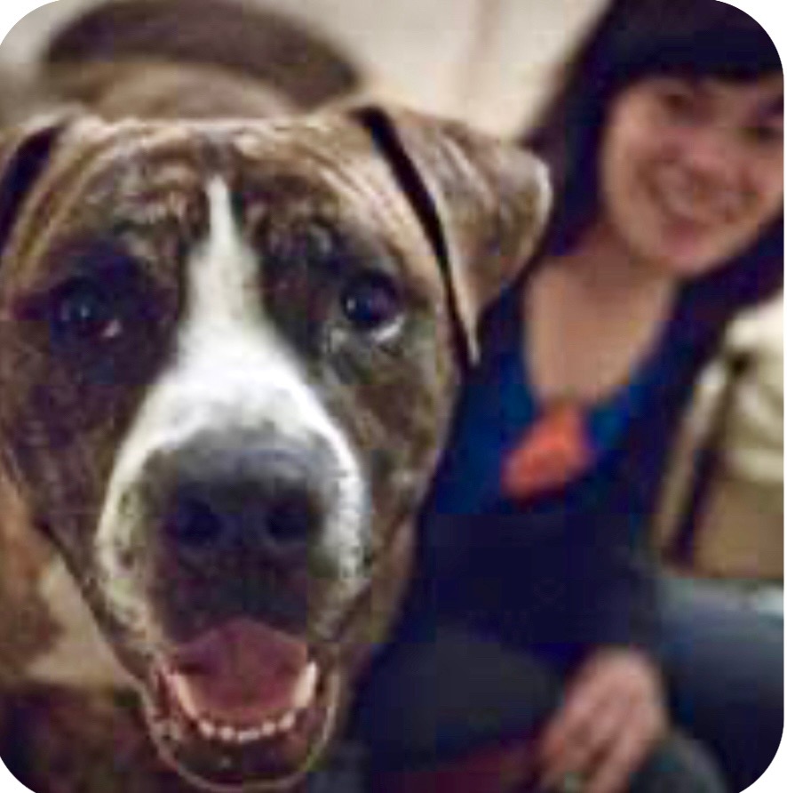 Susan smiling next to a happy brindle bully-breed dog resting against her